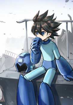 1boy black_hair blue_bodysuit blue_eyes bodysuit chenjiyan_y dated drinking energy_tank gloves hair_between_eyes helmet highres looking_ahead male_focus mega_man_(character) mega_man_(series) outdoors railing short_hair sitting solo twitter_username unworn_headwear unworn_helmet