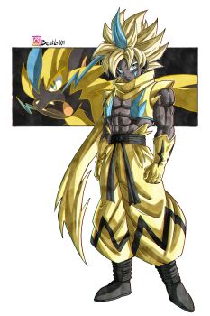 1boy absurdres beatlo_(rodrigo38658978) black_skin blonde_hair blue_eyes blue_hair colored_skin creature_and_personification cropped_vest dark-skinned_male dark_skin dragon_ball facial_mark fangs full_body gen_7_pokemon gloves highres instagram_username legendary_pokemon multicolored_hair muscular muscular_male mythical_pokemon nintendo open_mouth personification pokemon pokemon_(creature) sash scarf sleeveless spiked_hair toriyama_akira_(style) vest yellow_scarf zeraora