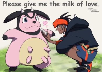 1boy animal_ears black_hair blue_eyes cow_ears cow_horns dark-skinned_male dark_skin earrings english_text gen_2_pokemon headband heart highres hood hoodie horns jewelry looking_at_another male_focus miltank nintendo orange_headband otona_kasuke pokemon pokemon_(creature) pokemon_swsh raihan_(pokemon) signature squatting