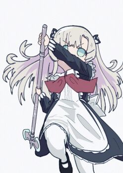 Rule 34 | 1girl, aqua eyes, axe, azur lane, battle axe, black shoes, bow, commentary request, hair ribbon, long hair, ognevoy (azur lane), pantyhose, red bow, ribbon, school uniform, shoes, simple background, solo, soviet school uniform, swinging weapon, urakata illust, weapon, white background, white hair, white pantyhose, white ribbon