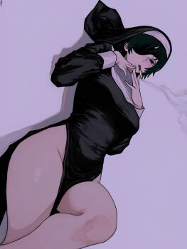 1girl alternate_costume black_dress black_eyes black_hair black_veil chainsaw_man cigarette commentary dress english_commentary eyepatch grey_background groin hands_up highres himeno_(chainsaw_man) hshhs20679 long_sleeves looking_at_viewer lying nun on_back side_slit simple_background smoke smoke_trail smoking solo thighs veil