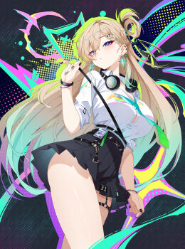 1girl absurdres aqua_hair aqua_necktie black_nails black_skirt blonde_hair blue_eyes braid braided_bangs breasts button_gap closed_mouth commentary_request earrings fingernails gradient_hair graffiti hair_ornament headphones headphones_around_neck highres id_card jewelry large_breasts long_hair looking_at_viewer lynae_(wuthering_waves) maozi_tutu multicolored_hair nail_polish necktie shirt shirt_tucked_in skirt skull_hair_ornament solo star_(symbol) star_earrings thighs very_long_hair white_shirt wuthering_waves