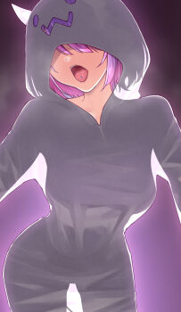 1girl absurdres bibi_(tokoyami_towa) blush breasts covered_eyes fangs ghost_costume gradient_hair highres hololive hood hoodie large_breasts medium_hair multicolored_hair open_mouth piercing pink_hair pink_lips purple_hair see-through_silhouette solo thighs tokoyami_towa tongue tongue_out tongue_piercing virtual_youtuber white_hoodie zellam