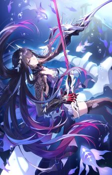 0p78xopwsj83779 1girl absurdres air_bubble asymmetrical_gloves black_gloves black_hair black_shrug black_thighhighs blue_eyes blunt_bangs bow_(music) breasts bubble cleavage closed_mouth commentary_request coral crossed_legs dress fish floating floating_hair gloves gradient_hair hair_ornament half_gloves hands_up highres holding holding_sword holding_weapon honkai:_star_rail honkai_(series) hysilens_(honkai:_star_rail) long_hair long_sleeves looking_at_viewer mismatched_gloves multicolored_dress multicolored_hair print_sleeves purple_dress red_gloves see-through_clothes see-through_sleeves shrug_(clothing) solo sword thighhighs thighs underwater very_long_hair weapon