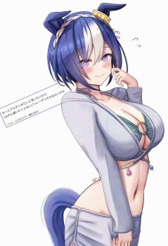 Rule 34 | 1girl, alternate costume, animal ears, blue hair, blush, braid, breasts, cesario (umamusume), cleavage, commentary request, crown braid, hair between eyes, hair ornament, highres, horse ears, horse girl, horse tail, large breasts, lio (maguri), looking at viewer, multicolored hair, navel, purple eyes, short hair, simple background, smile, solo, stomach, tail, umamusume, white background, white hair