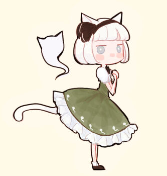 1girl animal_ears black_bow black_bowtie black_hairband blush bob_cut bow bowtie cat_ears cat_tail chibi commentary_request dress frilled_dress frills from_side full_body ghost green_dress grey_hair hairband konpaku_youmu looking_to_the_side no_mouth nose_blush own_hands_together puffy_short_sleeves puffy_sleeves short_sleeves simple_background solo tail touhou youmulover