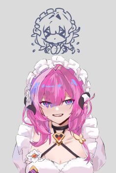 >_< 1girl absurdres black_horns blue_eyes breasts butterfly_hair_ornament cleavage dress elysia_(honkai_impact) elysia_(miss_pink)_(honkai_impact) elysia_(miss_pink_elf)_(honkai_impact) fake_horns grey_background hair_ornament highres honkai_(series) honkai_impact_3rd horns large_breasts long_hair looking_at_viewer maid maid_headdress official_alternate_costume parted_lips pink_hair shinian41379 simple_background solo upper_body very_long_hair