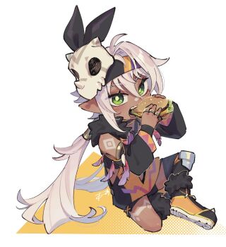 Rule 34 | 1girl, ahoge, body markings, burger, commentary request, dark-skinned female, dark skin, eating, food, genshin impact, green eyes, grey hair, headband, highres, holding, holding burger, holding food, iansan (genshin impact), low twintails, pointy ears, sitting, skull on head, twintails, ukata