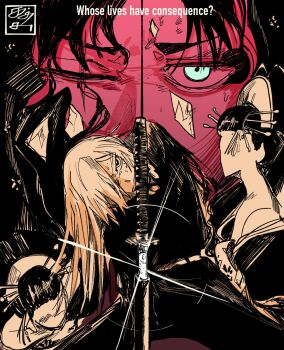 2girls 3boys amputee bleeding blood blue_eyes closed_eyes hair_over_one_eye highres hiruhiko_(kagurabachi) japanese_flag_dress kagurabachi katsutacle long_hair looking_at_viewer multiple_boys multiple_girls oiran rokuhira_chihiro samura_seiichi scar scar_across_eye scar_on_face split_head sword_in_mouth uruha_youji