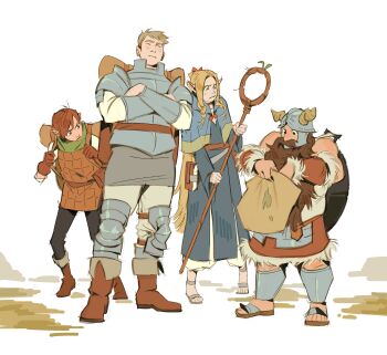 1girl 3boys absurdres armor backpack bag beard blonde_hair boots brown_hair chilchuck_tims clickuu closed_eyes closed_mouth commentary crossed_arms dungeon_meshi dwarf elf english_commentary facial_hair fake_horns full_body helmet highres holding holding_staff horned_helmet horns laios_touden long_beard long_hair marcille_donato multiple_boys pointy_ears robe senshi_(dungeon_meshi) short_hair staff standing very_short_hair white_background