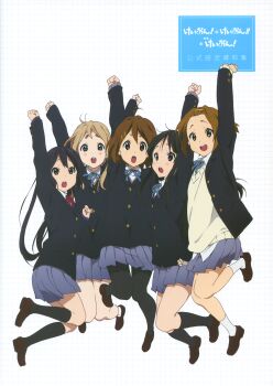 Rule 34 | 5girls, absurdres, akiyama mio, arm up, artbook, black hair, blonde hair, blush, brown hair, cover, cover page, full body, hair ornament, hairpin, headband, highres, hirasawa yui, ho-kago tea time, horiguchi yukiko, jumping, k-on!, kneehighs, kotobuki tsumugi, long hair, looking at viewer, multiple girls, nakano azusa, non-web source, official art, open mouth, pantyhose, pleated skirt, sakuragaoka high school uniform, scan, school uniform, short hair, simple background, skirt, socks, tainaka ritsu, twintails, very long hair, winter uniform