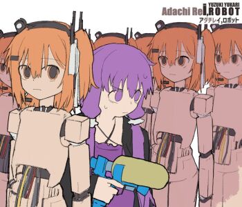 Rule 34 | 6+girls, a.i. voice, adachi rei, android, black jacket, character name, clone, commentary request, copyright name, criss-cross halter, dress, halterneck, holding, holding water gun, i robot, jacket, joints, kurokoge013, long hair, low twintails, medium hair, multiple girls, one side up, open clothes, open jacket, orange eyes, orange hair, parody, purple dress, purple eyes, purple hair, robot joints, simple background, sweat, twintails, utau, v-shaped eyebrows, vocaloid, voiceroid, water gun, white background, yuzuki yukari