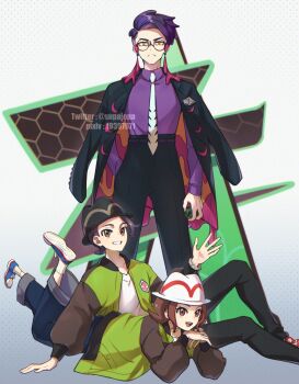 1girl 2boys arm_support black-framed_eyewear black_coat black_hat black_pants blue_shoes brown_eyes brown_hair closed_mouth coat collared_shirt commentary_request corbeau_(pokemon) dusk_ball frown glasses green_jacket grin harmony_(pokemon) hat highres holding holding_poke_ball hua_(supa_jopa) jacket lying multiple_boys necktie nintendo on_stomach open_clothes open_coat pants paxton_(pokemon) pixiv_id poke_ball pokemon pokemon_legends:_z-a purple_hair purple_shirt round_eyewear shirt shoes short_hair sitting smile socks teeth twitter_username watermark white_hat white_necktie yellow_eyes