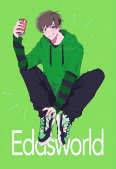 Rule 34 | 1boy, adapted costume, animification, antenna hair, bad id, bad twitter id, bishounen, black pants, blush, bonudun, brown hair, can, coca-cola, commentary request, copyright name, drawstring, drink can, edd (eddsworld), eddsworld, film grain, full body, green background, green eyes, green hoodie, grin, highres, holding, hood, hood down, hoodie, indian style, layered sleeves, long sleeves, looking at viewer, male focus, pants, shoes, short hair, short over long sleeves, short sleeves, simple background, sitting, smile, sneakers, solo, striped sleeves, swept bangs