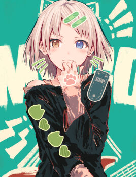 Rule 34 | 1girl, aqua background, bang dream!, bang dream! it's mygo!!!!!, black shirt, cat symbol, commentary, drawn whiskers, fang, fang out, group name, heart, highres, kaname raana, layered sleeves, long sleeves, looking at viewer, off-shoulder shirt, off shoulder, raana the cat, shirt, short hair, skin fang, solo, text background, upper body, white hair, white shirt, yukitake (bullfalk)