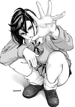 1girl absurdres aosora2823 ayase_momo blush bow bowtie breasts collared_shirt dandadan earrings full_body greyscale highres jewelry large_breasts long_sleeves looking_at_viewer loose_socks medium_hair monochrome open_mouth outstretched_arm pleated_skirt school_uniform shirt simple_background skirt socks solo squatting thighs white_background