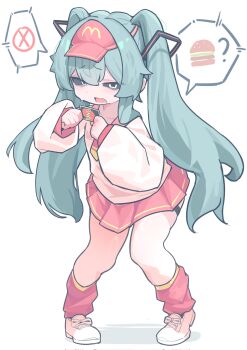 1girl aqua_hair black_sclera burger card chinese_commentary colored_sclera commentary_request dot_nose double-parted_bangs drop_shadow fang food full_body half-closed_eyes hatsune_miku highres holding holding_card long_hair long_sleeves looking_at_viewer loose_socks mcdonald's mimukauwa_nice_try_(vocaloid) pdamn231190 raised_inner_eyebrows red_sailor_collar red_skirt red_socks sailor_collar school_uniform serafuku shirt shoes simple_background skin_fang skirt socks solo speech_bubble standing twintails uno_(game) vocaloid white_background white_eyes white_shirt white_shoes yellow_trim
