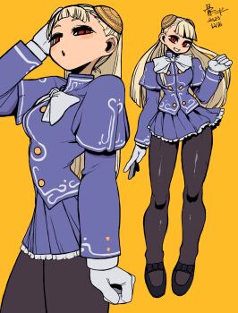 Rule 34 | 1girl, black pantyhose, black shoes, blonde hair, blue jacket, bone nigi, bow, bowtie, breasts, commentary request, dated, gloves, gold buttons, grin, hairpods, highres, ingrid (capcom), jacket, long hair, pantyhose, red eyes, shoes, smile, street fighter, street fighter zero (series), white bow, white bowtie, white gloves, yellow background