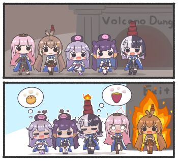 Rule 34 | 2koma, 5girls, ^^^, absurdres, ahoge, black dress, black gloves, black hair, blunt bangs, blush stickers, brown hair, burning, cape, comic, commentary, crown, detached sleeves, dress, english commentary, enigmatic recollection, feather hair ornament, feathers, food, gloves, hair ornament, hairclip, hat, highres, hololive, hololive english, jewel under eye, koseki bijou, koseki bijou (1st costume), long hair, mini hat, mole, mole under eye, mori calliope, mori calliope (1st costume), mpien, multicolored hair, multiple girls, nanashi mumei, nanashi mumei (1st costume), ninomae ina'nis, ninomae ina'nis (1st costume), open mouth, orange hair, pink hair, pointy ears, purple hair, roasted sweet potato, shiori novella, shiori novella (1st costume), silent comic, skirt, smile, soot, speech bubble, streaked hair, sweet potato, takoyaki, tentacle hair, thought bubble, twintails, two-tone hair, virtual youtuber, white hair