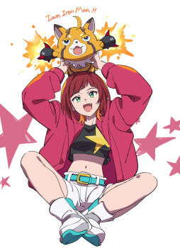 1girl black_shirt brown_hair commentary_request cropped_shirt digimon digimon_(creature) digimon_beatbreak english_text fang full_body futa_yuri_ryona highres holding jacket midriff multicolored_hair navel open_clothes open_jacket orange_hair pristimon red_jacket sakuya_reina shirt short_hair shorts star_(symbol) star_print stuffed_toy two-tone_hair two-tone_shirt white_shorts yellow_shirt