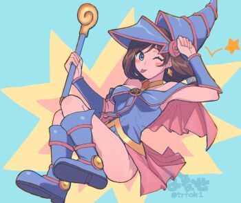 1girl ace_attorney artist_name bare_shoulders blue_dress blue_eyes blue_helmet blue_shoes blush_stickers boots breasts brooch brown_hair cape commentary_request cosplay dark_magician_girl dark_magician_girl_(cosplay) diamond_earrings dress earrings full_body hand_to_head hat helmet holding holding_wand jewelry long_hair low-tied_long_hair nanase_(trfok1) one_eye_closed pelvic_curtain pentagram pink_cape shoes simple_background small_breasts star_(symbol) swept_bangs thighs tongue tongue_out trucy_wright twitter_username vambraces wand wizard_hat yu-gi-oh!