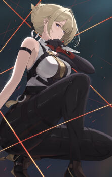 1girl absurdres arm_strap bare_shoulders black_gloves black_pants blonde_hair breasts chest_harness dagger elbow_gloves embers evelyn_chevalier fire from_side gloves hair_bun harness high-waist_pants high_heels highres knife large_breasts latex_pants long_hair looking_at_viewer nanashi1329 necktie pants purple_eyes ring_hair_ornament see-through_clothes see-through_shirt shirt single_elbow_glove solo squatting thigh_strap tight_clothes tight_pants uneven_bangs weapon white_shirt wing_collar wire yellow_necktie zenless_zone_zero