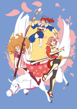 Rule 34 | 1boy, 2girls, ahoge, alternate costume, brown hair, fire emblem, fire emblem fates, giant tabby, hana (fire emblem), high ponytail, holding, holding staff, katana, multiple girls, naginata, nintendo, pegasus, pink hair, polearm, ponytail, red hair, sakura (fire emblem), staff, subaki (fire emblem), sword, weapon