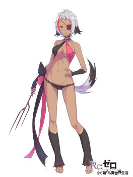 1girl absurdres arakiya_(re:zero) bare_shoulders barefoot black_gloves black_hair black_panties breasts collarbone colored_eyelashes commentary_request copyright_name dark-skinned_female dark_skin detached_leggings dog_tail english_text eyepatch fingerless_gloves full_body gloves grey_hair hand_on_own_hip highres large_breasts lips looking_at_viewer navel o-ring official_art ootsuka_shin&#039;ichirou panties re:zero_kara_hajimeru_isekai_seikatsu red_eyes short_hair simple_background sling_bikini_top solo standing tachi-e tail title underwear white_background white_eyelashes white_hair