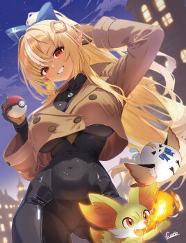 1girl absurdres alternate_costume black_bodysuit black_gloves blonde_hair bodysuit breasts brown_jacket cleavage closed_mouth commentary_request cosplay covered_navel cropped_jacket curio_(curiofinity) dark-skinned_female dark_elf dark_skin elf elfriend_(shiranui_flare) emma_(pokemon) emma_(pokemon)_(cosplay) fennekin gen_6_pokemon gloves hair_ornament hairpin highres holding holding_poke_ball hololive jacket large_breasts long_hair looking_at_viewer multicolored_hair navel nintendo pointy_ears poke_ball pokemon pokemon_(creature) pokemon_legends:_z-a ponytail red_eyes shiranui_flare solo streaked_hair very_long_hair virtual_youtuber white_hair