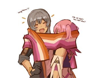 2girls asta_(honkai:_star_rail) black_gloves black_jacket closed_eyes commentary english_commentary english_text gloves grey_hair highres honkai:_star_rail honkai_(series) jacket lesbian_flag long_bacon_store_(meme) long_hair meme multiple_girls nonnormalguy open_mouth pink_hair scarf shared_clothes shared_scarf shirt simple_background smile stelle_(honkai:_star_rail) trailblazer_(honkai:_star_rail) white_background white_shirt yuri