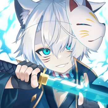 1boy animal_ears asano_yoru_(artist) bishounen black_gloves black_jacket blue_eyes blue_fire commission curtained_hair facial_mark fang fingerless_gloves fire flaming_sword flaming_weapon fox_ears fox_mask gloves gold_trim grin hair_between_eyes hair_over_one_eye hand_on_blade hands_up highres holding holding_sword holding_weapon indie_virtual_youtuber jacket light_smile looking_at_viewer male_focus mask mask_on_head pectoral_cleavage pectorals portrait second-party_source short_hair side_part skin_fang smile solo sword v-neck weapon whisker_markings white_background white_hair