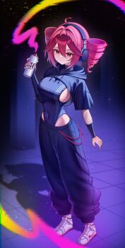 1girl :/ absurdres ahoge arm_tattoo baggy_pants blue_leotard blue_pants breasts closed_mouth commentary covered_navel demcheg double-parted_bangs drill_hair full_body glitch hair_between_eyes headphones highleg highleg_leotard highres holding holding_spray_can hooded_shrug kasane_teto large_breasts leotard leotard_under_clothes looking_at_viewer nike_(company) pants red_eyes red_hair shadow shoes short_sleeves shrug_(clothing) sneakers solo spray_can standing sweatpants tattoo tile_floor tiles twin_drills utau white_shoes