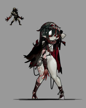 1girl absurdres arm_tattoo black_sclera breasts cloak colored_sclera colored_skin commentary convenient_arm darkest_dungeon english_commentary full_body ghoul_(darkest_dungeon) grey_background grey_skin highres humanization knees_together_feet_apart leg_tattoo mask medium_breasts naked_cloak pointy_ears red_eyes reference_inset simple_background skull_mask tattoo thighs zhuma