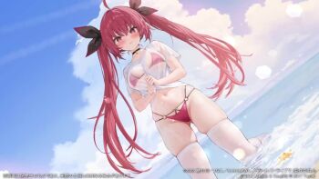 1girl ahoge animated azur_lane bikini blush breasts crab crossover curvy date_a_live hair_ribbon highres itsuka_kotori japanese_text long_hair looking_at_viewer medium_breasts ocean official_art promotional_art red_eyes red_hair ribbon see-through_clothes see-through_shirt shirt skindentation sky smile sound swimsuit tagme thick_thighs thighhighs thighs twintails video water wet wet_clothes white_thighhighs wide_hips