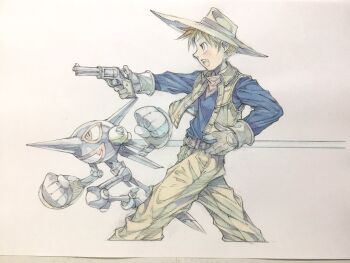 1boy aiming bandana bandana_around_neck belt belt_buckle blue_eyes brown_bandana brown_belt brown_hair brown_pants brown_vest buckle clenched_hands commentary cowboy cowboy_hat cropped_legs from_side gloves gun handgun hat highres holding holding_gun holding_weapon humanoid_robot male_focus open_clothes open_vest original pants peter_salt revolver robot short_hair standing traditional_media vest weapon western white_gloves