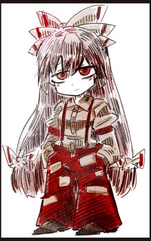 1girl absurdly_long_hair arm_garter blush blush_stickers bow brown_shoes closed_mouth collar deformed fujiwara_no_mokou hair_between_eyes hair_bow hands_in_pockets long_hair long_sleeves pants red_eyes red_pants shirt shoes simple_background smile solo standing suenari_(peace) suspenders touhou very_long_hair white_background white_bow white_collar white_hair white_shirt