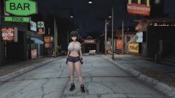 1girl 3d animated ass black_hair bouncing_breasts breasts car fallout fallout_4 fingerless_gloves gloves headset kyoumachi_seika large_breasts motor_vehicle road short_hair short_shorts shorts solo sound street tagme thick_thighs thighs underboob video voiceroid walking