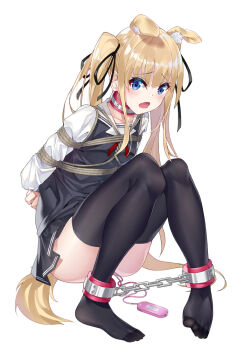 1girl animal_ears ankle_cuffs arms_behind_back bdsm black_thighhighs blonde_hair blue_eyes blush bondage bound bound_ankles chain collar cuffs fang feet female_focus full_body ginklaga hobble long_hair looking_at_viewer open_mouth rope saenai_heroine_no_sodatekata sawamura_spencer_eriri sex_toy shibari shibari_over_clothes skin_fang solo tail tears thighhighs toes twintails vibrator
