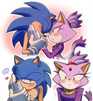 ... 1boy 1girl animal_ears artist_name blaze_the_cat blue_fur blush cat_ears cat_girl cat_tail closed_eyes forehead_jewel fur-trimmed_gloves fur_trim furry furry_female furry_male gloves green_eyes heartbeat multiple_views ponytail purple_fur sonic_(series) sonic_the_hedgehog sweatdrop tail white_gloves yellow_eyes yeonwu08