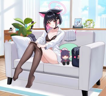 1girl absurdres animal_ears black_bra black_choker black_hair black_skirt blue_archive blush bra breasts brown_pantyhose cat_ears character_doll choker clothes_pull colored_inner_hair couch day doll extra_ears full_body grin hair_ornament hairclip halo highres indoors kazusa_(blue_archive) looking_at_viewer medium_breasts multicolored_hair on_couch open_clothes open_shirt pantoking pantyhose pantyhose_pull pink_hair pink_halo red_eyes shirt sitting skirt smile solo underwear unworn_skirt white_shirt white_skirt