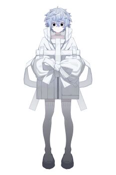 1other absurdres bad_source black_eyes blue_hair boots choker closed_mouth full_body highres incredibly_absurdres indie_virtual_youtuber jacket messy_hair official_art oversized_jacket pale_skin platform_boots short_hair sleeves_tied_together solid_circle_pupils solo straight-on thigh_boots transparent_background white_boots white_jacket yukue_fumei zipper