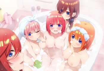 artist_request bathroom breasts collarbone completely_nude embarrassed go-toubun_no_hanayome large_breasts long_hair looking_at_viewer medium_hair nakano_ichika nakano_itsuki nakano_miku nakano_nino nakano_yotsuba navel nipples nude pink_hair pussy red_hair ribbon short_hair siblings source_request towel towel_on_head uncensored