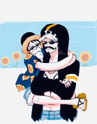 Rule 34 | 2boys, black coat, chest tattoo, coat, commentary request, crossed arms, facial hair, fake beard, fake facial hair, fake mustache, flip-flops, floral print, flower, glint, goatee, hand tattoo, hat, highres, hood, hooded coat, hug, male focus, monkey d. luffy, multiple boys, one piece, rai 00 k2, sandals, straw hat, sunflower, sunflower print, sunglasses, tattoo, trafalgar law