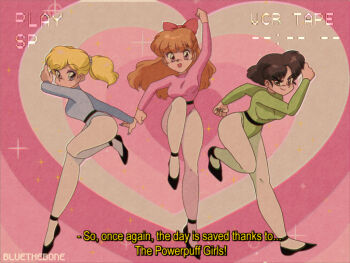 >:) 1990s_(style) 3girls :d :o anime_coloring animification arm_up artist_name black_footwear black_hair blonde_hair blossom_(ppg) blue_eyes blue_leotard bluethebone blunt_bangs bow breasts bubbles_(ppg) buttercup_(ppg) clenched_hand commentary english_text fake_screenshot female_focus fighting_stance film_grain green_eyes green_leotard hair_bow heart heart_background leotard long_hair long_sleeves looking_at_viewer medium_hair multiple_girls open_mouth orange_hair pantyhose parody pink_eyes pink_leotard powerpuff_girls red_bow retro_artstyle running short_hair siblings sisters smile style_parody subtitled twintails vhs_artifacts white_legwear