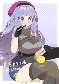 Rule 34 | 1girl, absurdres, bare arms, belt, belt buckle, beret, black belt, black gloves, black thighhighs, blunt bangs, blush, border, breasts, bright pupils, buckle, closed mouth, commentary request, commission, crossed legs, doodle inset, feet out of frame, glass, gloves, grey sweater, halftone, halftone background, hand up, hat, highres, holding, holding stylus, houndstooth, indie virtual youtuber, large breasts, long hair, looking at screen, miniskirt, multi-source commentary, no nose, outside border, pencil skirt, purple background, purple hair, purple hat, raised eyebrows, ribbed sweater, signature, simple background, sitting, skeb commission, skirt, sleeveless, sleeveless sweater, smile, solo, stylus, sweater, sweater tucked in, tablet pc, thank you, thighhighs, thighs, torino kawori (vtuber), turtleneck, turtleneck sweater, uruti 2388, very long hair, virtual youtuber, white border, white pupils, yellow eyes