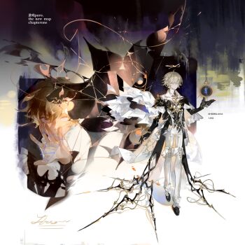 1boy absurdres alternate_costume angel blonde_hair boots cape collared_shirt full_body hair_between_eyes halo hand_up highres jewelry knee_boots liulianjingrua long_sleeves looking_at_viewer male_focus original pants shirt short_hair solo standing white_boots white_pants white_shirt wings