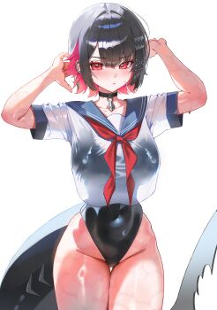 1girl absurdres alternate_costume arms_up black_choker black_hair black_one-piece_swimsuit blue_sailor_collar blush breasts choker colored_inner_hair commentary_request covered_navel domi_(hongsung0819) ellen_joe fins fish_tail highres korean_commentary large_breasts looking_at_viewer multicolored_hair one-piece_swimsuit purple_hair red_eyes sailor_collar see-through_clothes see-through_shirt shark_girl shark_tail shirt short_hair simple_background solo swimsuit tail thigh_gap wet white_background white_shirt zenless_zone_zero