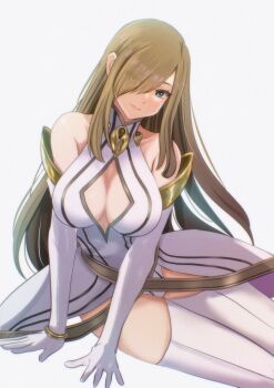 Rule 34 | 1girl, arm support, bare shoulders, blue eyes, bracelet, breasts, brown hair, cleavage, cleavage cutout, closed mouth, clothing cutout, collarbone, commentary request, dress, elbow gloves, feet out of frame, gloves, hair over one eye, head tilt, jewelry, komegura, large breasts, long hair, looking at viewer, official alternate costume, sitting, solo, straight hair, tales of (series), tales of the abyss, tales of the rays, tear grants, thighhighs, very long hair, white dress, white gloves, white thighhighs, yokozuwari