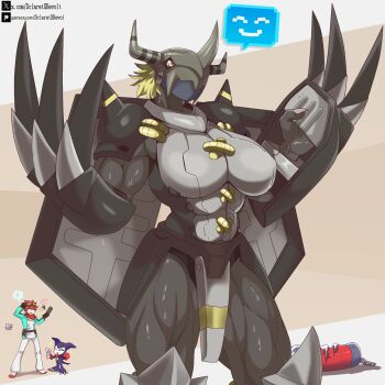 ! 1boy 1girl blackwargreymon breasts claws cowboy_shot dclaret digimon digimon_(creature) digimon_story:_time_stranger furry helmet highres holding impmon kuramon large_breasts muscular muscular_female sandbag speech_bubble spoken_exclamation_mark spoken_sweatdrop sweatdrop yuuki_dan