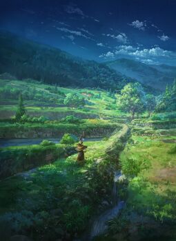 1girl absurdres adjusting_eyewear blue_sky building cape cloud commentary_request cyclecircle forest from_behind grass green_theme hat highres holding holding_staff kono_subarashii_sekai_ni_shukufuku_wo! mage_staff megumin mountain mountainous_horizon nature outdoors path river road sign sky solo staff tree witch_hat